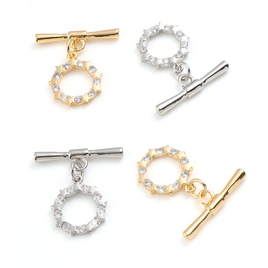 Bild von Messing Knebelverschluss Bunt Rund Stern Hohl Transparent Strass 23mm x 22mm, 1 Stück