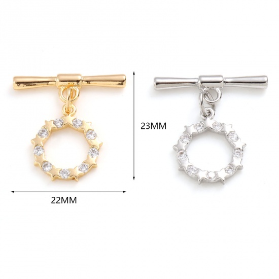 Bild von Messing Knebelverschluss Bunt Rund Stern Hohl Transparent Strass 23mm x 22mm, 1 Stück