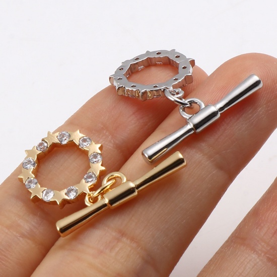 Bild von Messing Knebelverschluss Bunt Rund Stern Hohl Transparent Strass 23mm x 22mm, 1 Stück