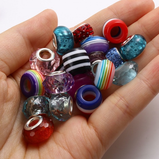 Picture of Acrylic European Style Large Hole Charm Beads Silver Plated Mixed Color Round 1 Packet