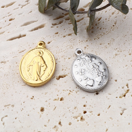Imagen de Acero Inoxidable Religión Colgantes Charms Óvalo Multicolor Jesús 19mm x 13mm, 1 Unidad