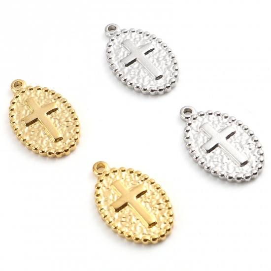 Image de Breloques en Acier Inoxydable Religieux Ovale Multicolore Croix 23mm x 14mm , 1 Pièce