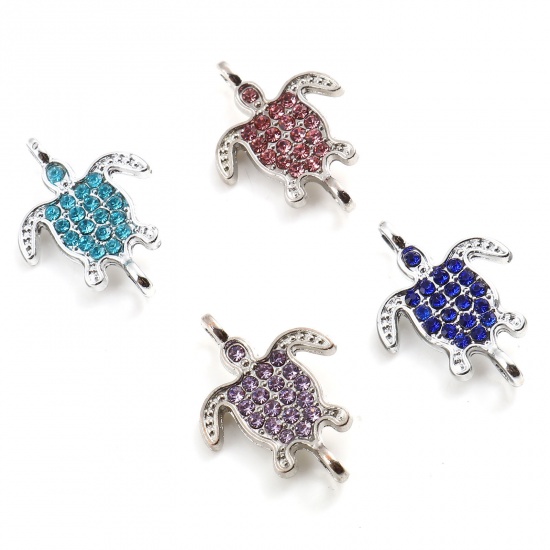 Image de Connecteurs Bijoux d'Océan en Alliage de Zinc Tortue de Mer Argent Mat Micro Pave à Strass Coloré 21mm x 15mm, 5 Pcs