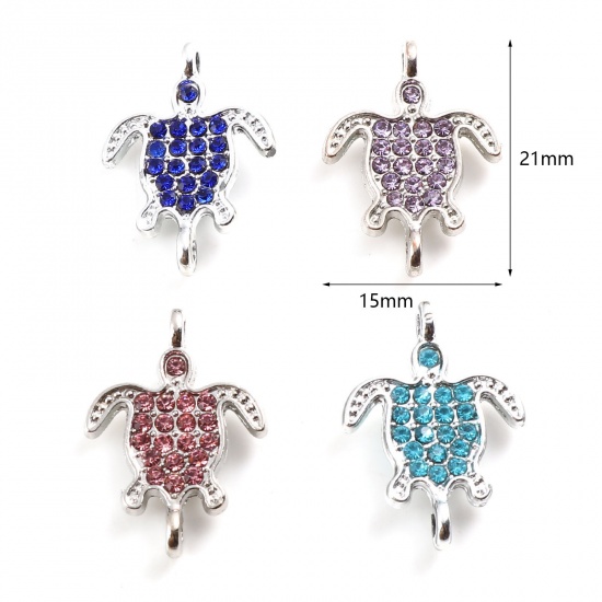 Image de Connecteurs Bijoux d'Océan en Alliage de Zinc Tortue de Mer Argent Mat Micro Pave à Strass Coloré 21mm x 15mm, 5 Pcs