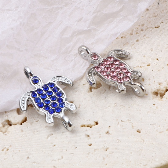 Image de Connecteurs Bijoux d'Océan en Alliage de Zinc Tortue de Mer Argent Mat Micro Pave à Strass Coloré 21mm x 15mm, 5 Pcs