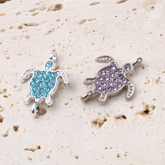 Image de Connecteurs Bijoux d'Océan en Alliage de Zinc Tortue de Mer Argent Mat Micro Pave à Strass Coloré 21mm x 15mm, 5 Pcs