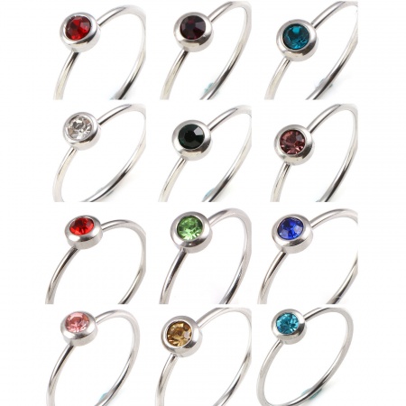 Stainless Steel Birthstone Unadjustable Rings Silver Tone Circle Ring Multicolor Rhinestone 17.3mm(US Size 7), 1 Piece