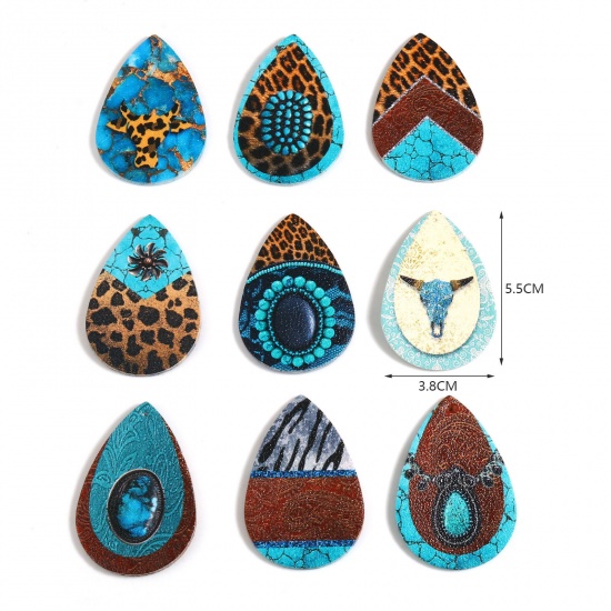 Picture of PU Leather Boho Chic Bohemia Pendants Drop Turquoise Pattern Multicolor 5.5cm x 3.8cm, 5 PCs