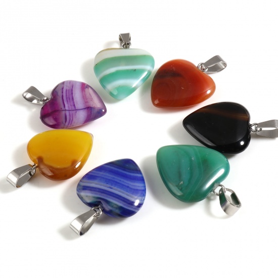 Picture of Agate ( Natural ) Valentine's Day Pendants Heart Multicolor About 30mm x 20mm, Silver Tone 1 Piece