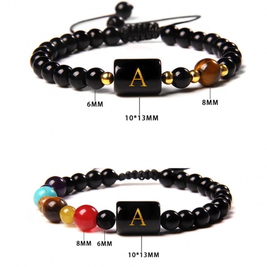 Picture of Stone Yoga Healing Adjustable Dainty Bracelets Delicate Bracelets Beaded Bracelet Black Initial Alphabet/ Capital Letter 19cm(7 4/8") long, 1 Piece