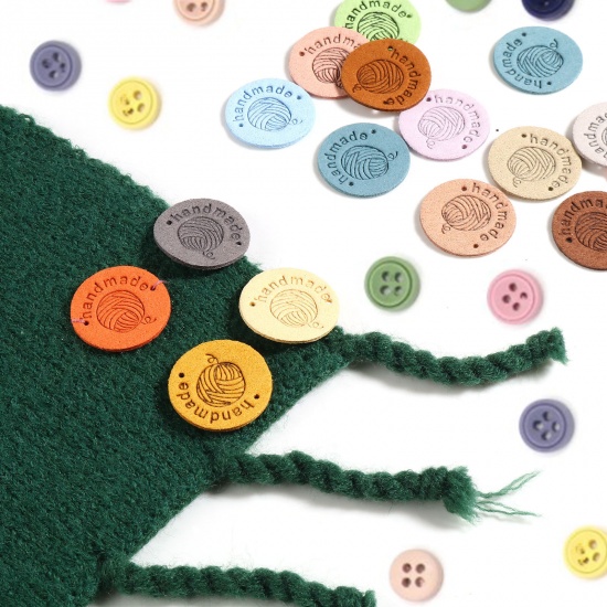 Picture of Microfiber Label Tags Ball of yarn Multicolor Round Pattern " Handmade " Faux Suede 25mm , 20 PCs