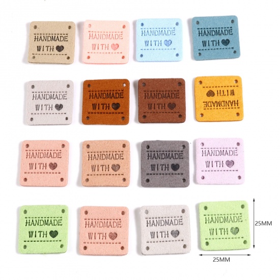 Picture of Microfiber Label Tags Square Multicolor Heart Pattern " Hand Made With Love " Faux Suede 25mm x 25mm , 20 PCs