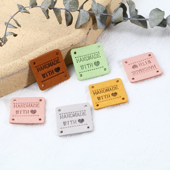 Picture of Microfiber Label Tags Square Multicolor Heart Pattern " Hand Made With Love " Faux Suede 25mm x 25mm , 20 PCs