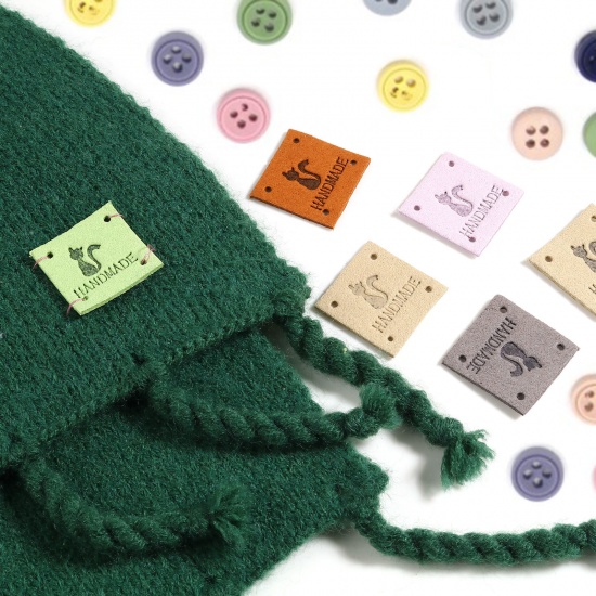 Picture of Microfiber Label Tags Square Multicolor Cat Pattern " Handmade " Faux Suede 25mm x 25mm , 20 PCs