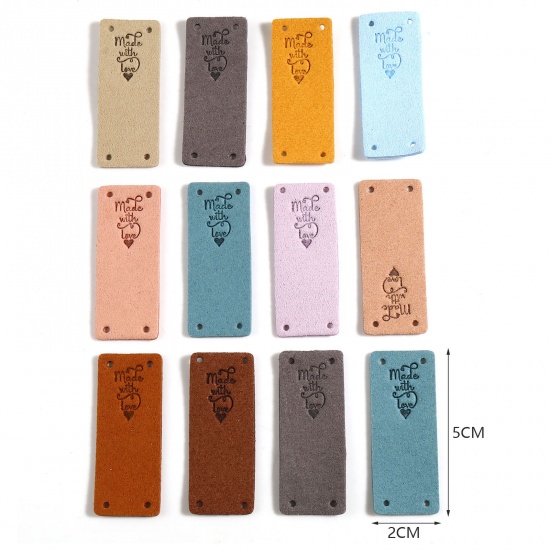 Image de Étiquettes en Microfibre Rectangle Multicolore Cœur " Made With Love " Suédine 50mm x 20mm, 10 Pcs