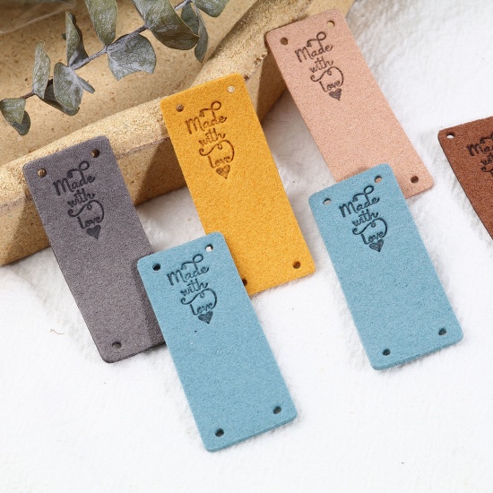 Picture of Microfiber Label Tags Rectangle Multicolor Heart Pattern " Made With Love " Faux Suede 50mm x 20mm , 10 PCs