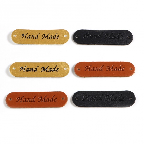 Picture of PU Leather Label Tags Oval Multicolor " Hand Made " 45mm x 12mm , 50 PCs