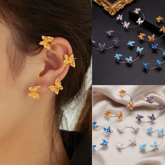 Picture of Copper Ear Cuff Clip On Stud Wrap Earrings For Right Ear Multicolor Butterfly Animal Sequins 5.5cm x 4cm, 1 Piece