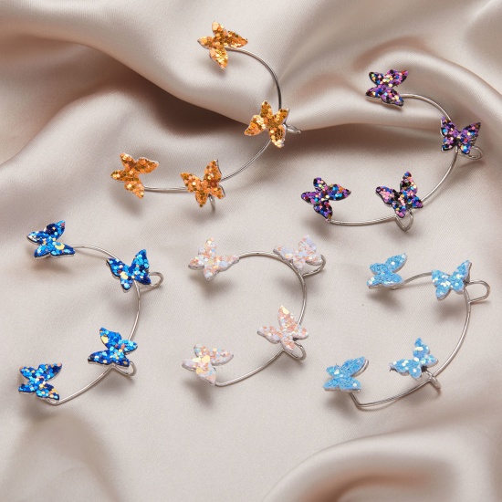 Immagine di Rame Orecchini a bottone per orecchini a bottone per orecchio destro Multicolore Farfalla Paillettes 5.5cm x 4cm, 1 Pz