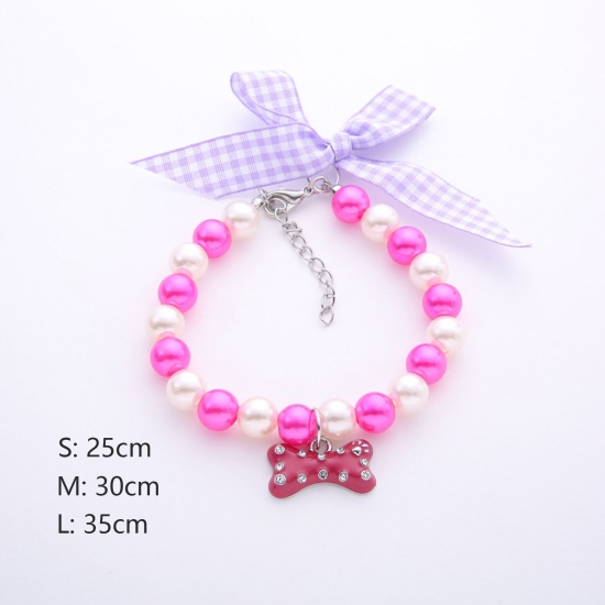 Picture of Acrylic Pet Collar Multicolor Bone Bowknot Imitation Pearl Clear Cubic Zirconia 35cm(13 6/8") long, 1 Piece