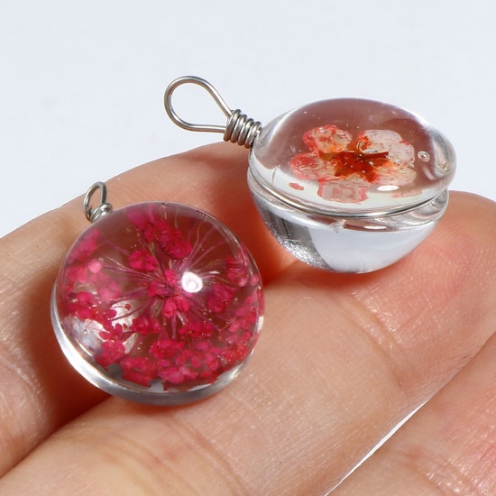 Picture of Glass & Dried Flower Transparent Glass Globe Bubble Bottle Charms Round Dried Flower Silver Tone Multicolor Transparent 22mm x 15mm, 5 PCs