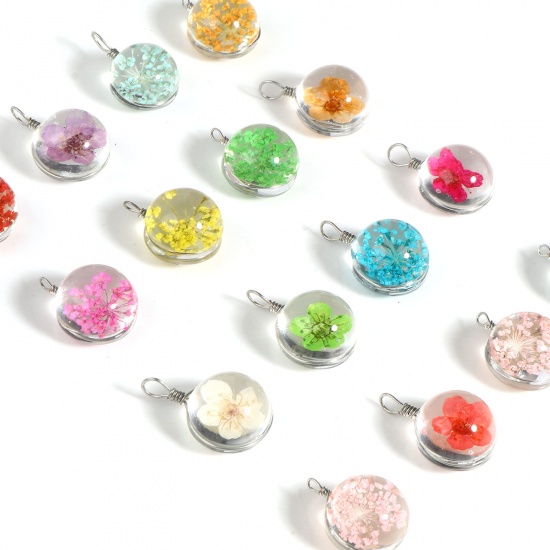 Picture of Glass & Dried Flower Transparent Glass Globe Bubble Bottle Charms Round Dried Flower Silver Tone Multicolor Transparent 22mm x 15mm, 5 PCs