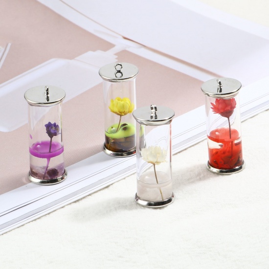 Bild von Glas & Getrockenete Blume Transparent Glaskugel Flasche Anhänger Zylinder Getrocknete Blumen Silberfarbe Bunt Transparent 33mm x 14mm, 2 Stück