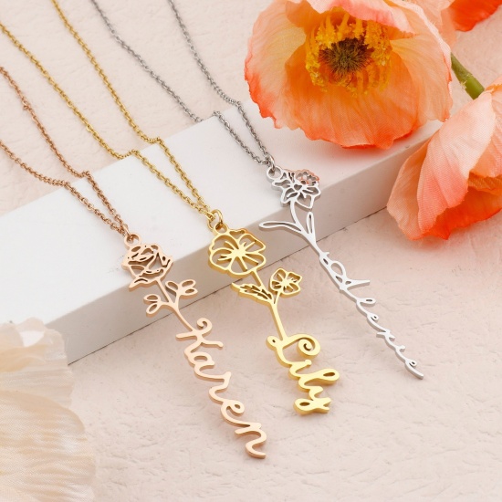 Picture of Customized Fashion Stainless Steel Birth Month Flower Name Jewelry Personalized Letter Pendant