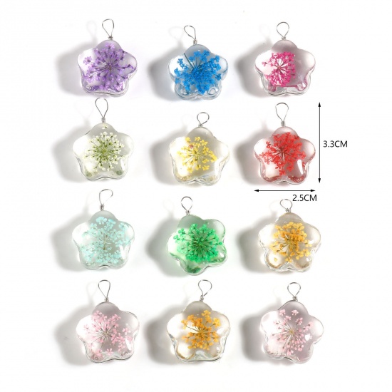 Picture of Glass & Dried Flower Pendants Round Dried Flower Pink Transparent 2 PCs