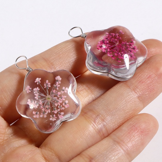 Picture of Glass & Dried Flower Pendants Round Dried Flower Pink Transparent 2 PCs