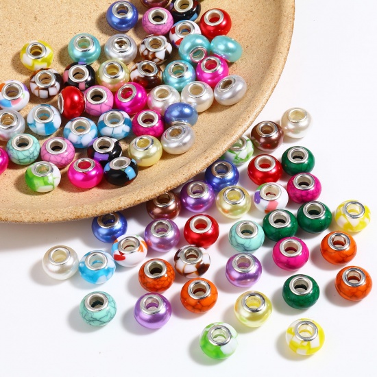 Picture of Acrylic European Style Large Hole Charm Beads Silver Tone Multicolor Round 14mm Dia., Hole: Approx 5mm, 20 PCs