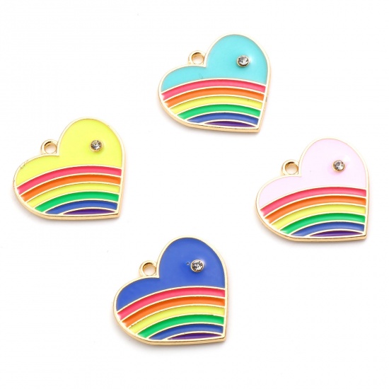 Picture of Zinc Based Alloy Valentine's Day Charms Heart Multicolor Rainbow White Rhinestone 23mm x 21mm, 10 PCs