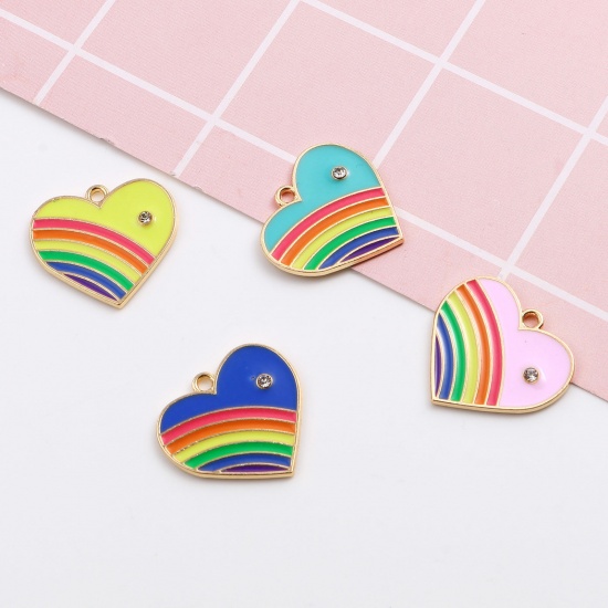 Picture of Zinc Based Alloy Valentine's Day Charms Heart Multicolor Rainbow White Rhinestone 23mm x 21mm, 10 PCs