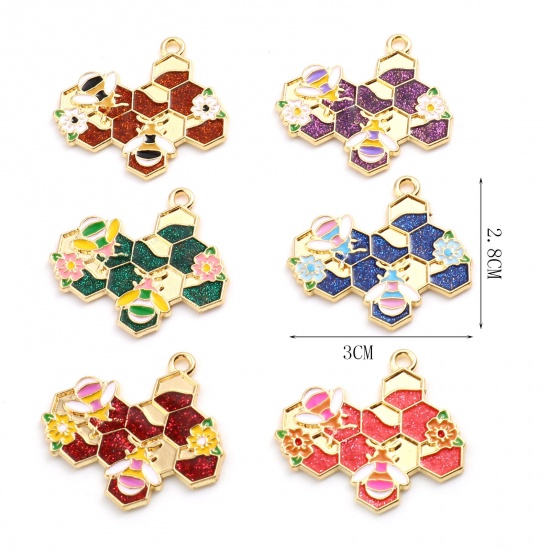 Picture of Zinc Based Alloy Insect Pendants Dainty Beehive Gold Plated Multicolor Bee Enamel 3cm x 2.8cm, 10 PCs