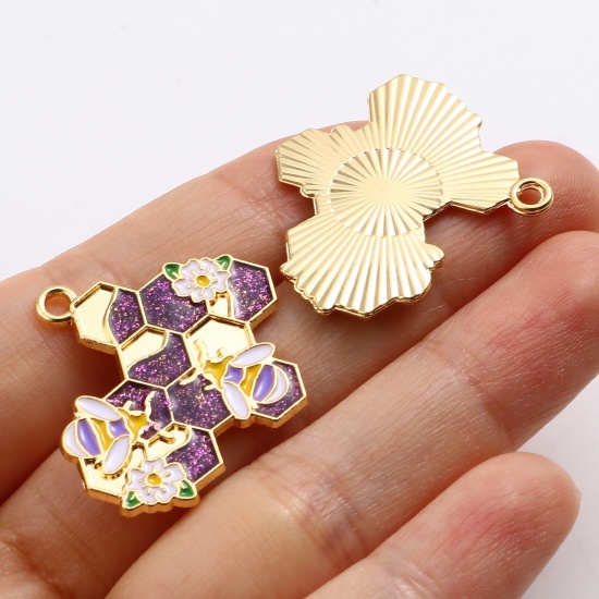 Picture of Zinc Based Alloy Insect Pendants Dainty Beehive Gold Plated Multicolor Bee Enamel 3cm x 2.8cm, 10 PCs