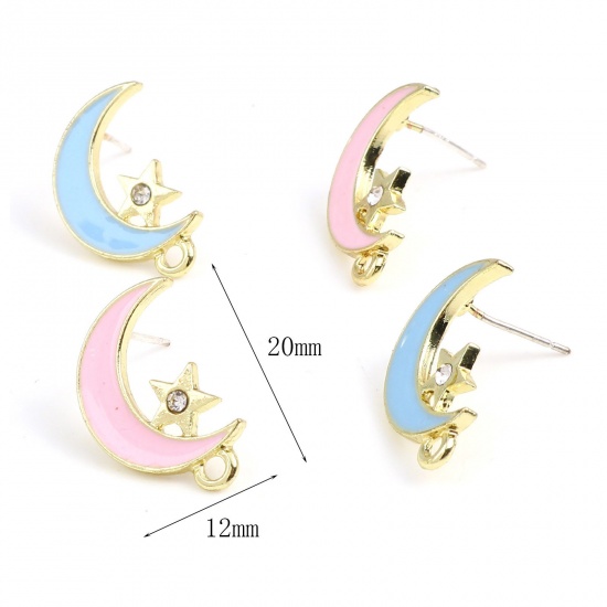 Picture of Zinc Based Alloy Galaxy Ear Post Stud Earrings Findings Half Moon Gold Plated Multicolor Star W/ Loop 20mm x 12mm, 6 PCs