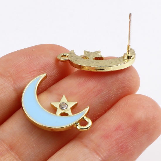 Picture of Zinc Based Alloy Galaxy Ear Post Stud Earrings Findings Half Moon Gold Plated Multicolor Star W/ Loop 20mm x 12mm, 6 PCs