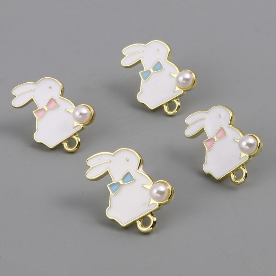 Picture of Zinc Based Alloy & Acrylic Ear Post Stud Earrings Findings Rabbit Animal Gold Plated Multicolor W/ Loop 21mm x 15mm, 6 PCs