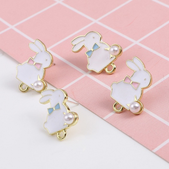 Picture of Zinc Based Alloy & Acrylic Ear Post Stud Earrings Findings Rabbit Animal Gold Plated Multicolor W/ Loop 21mm x 15mm, 6 PCs