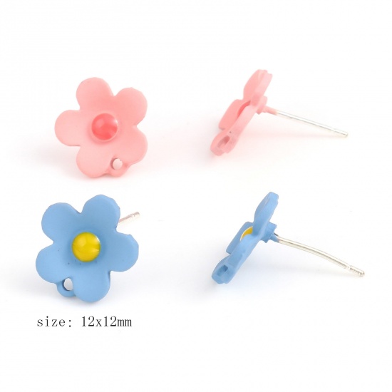 Picture of Zinc Based Alloy Ear Post Stud Earrings Findings Flower Multicolor W/ Loop 12mm x 12mm, 10 PCs