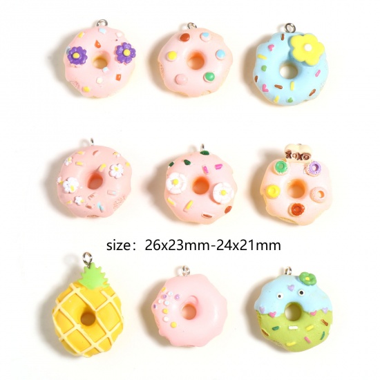 Picture of Resin Charms Donut Silver Tone Multicolor 26mm x 23mm, 5 PCs