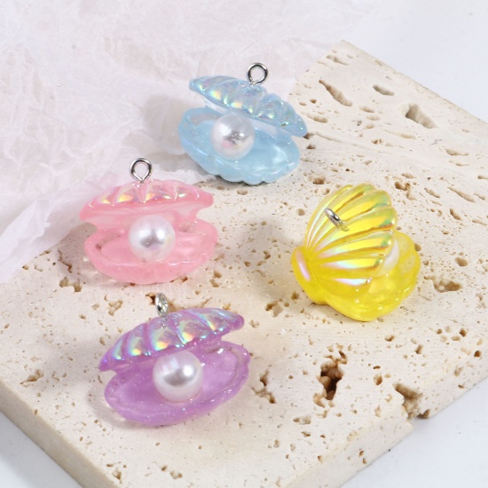 Picture of Acrylic & Resin Ocean Jewelry Charms Scallop Silver Tone Multicolor AB Rainbow Color Imitation Pearl 23mm x 18mm, 10 PCs