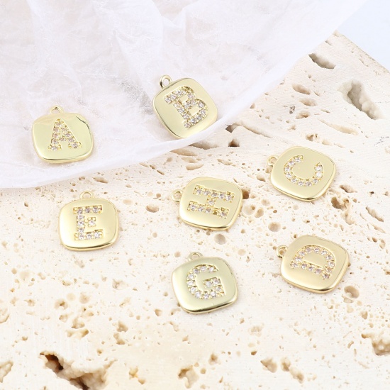 Picture of Brass Micro Pave Charms Gold Plated Square Initial Alphabet/ Capital Letter Clear Cubic Zirconia 10mm x 9mm,                                                                                                                                                  