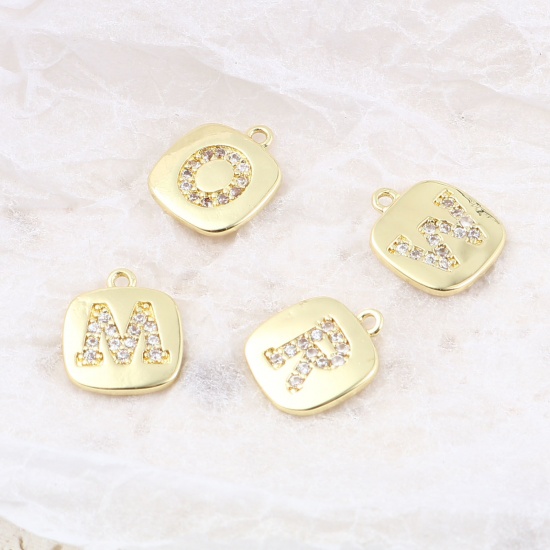 Picture of Brass Micro Pave Charms Gold Plated Square Initial Alphabet/ Capital Letter Clear Cubic Zirconia 10mm x 9mm,                                                                                                                                                  