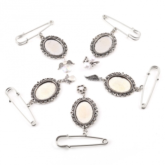 Picture of Zinc Based Alloy Cabochon Settings Pin Brooches Findings Pin Antique Silver Color Cabochon Settings 2 PCs