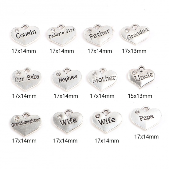 Picture of Zinc Based Alloy Family Jewelry Charms Heart Antique Silver Color Clear Rhinestone 10 PCs