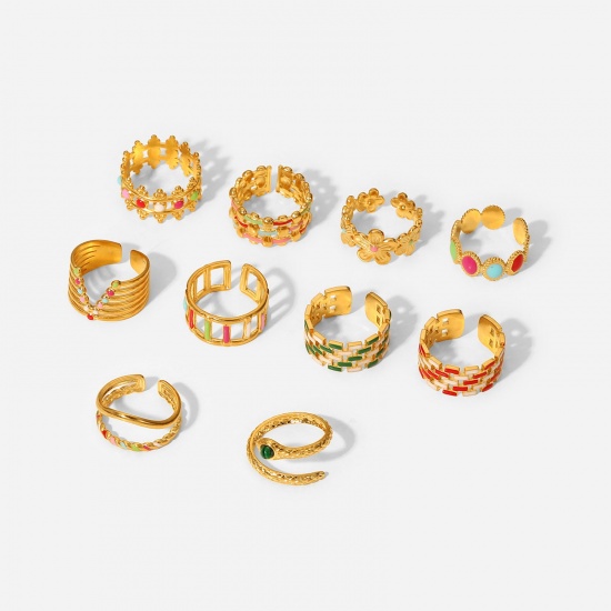 Bild von Umweltfreundliche, stilvolle, stilvolle, 18 Karat vergoldete, mehrfarbige, offene, verstellbare Emaille-Wrap-Ringe aus Edelstahl 304 für Frauen