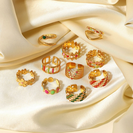 Bild von Umweltfreundliche, stilvolle, stilvolle, 18 Karat vergoldete, mehrfarbige, offene, verstellbare Emaille-Wrap-Ringe aus Edelstahl 304 für Frauen