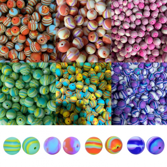 Picture of Silicone Spacer Beads Round Multicolor Stripe Pattern About 15mm Dia, Hole: Approx 2.5mm, 5 PCs