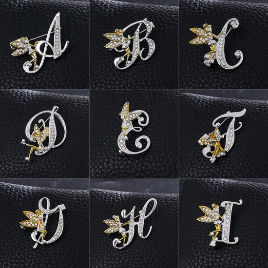 Picture of Pin Brooches Capital Alphabet/ Letter Platinum Color Clear Rhinestone 1 Piece